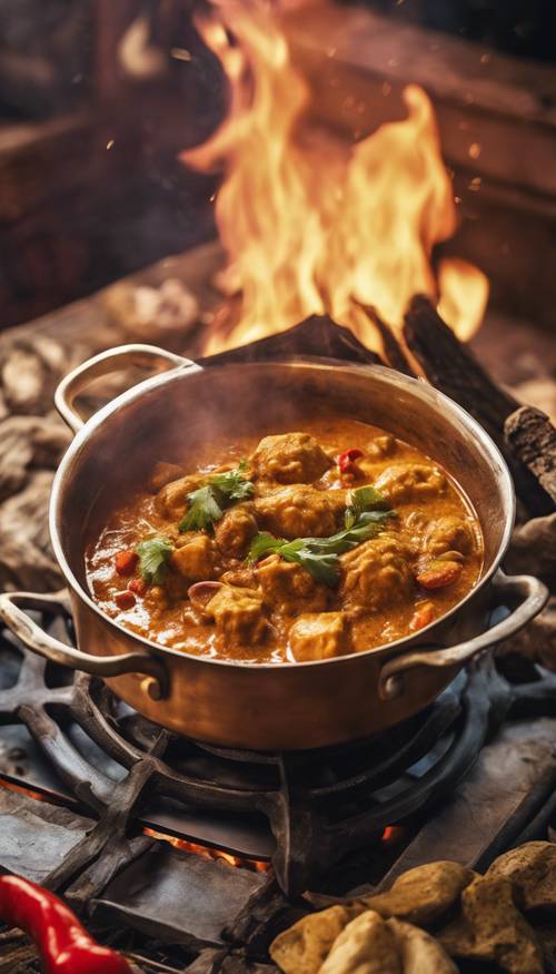 A pot of spicy Indian curry bubbling on a wood-burning stove.