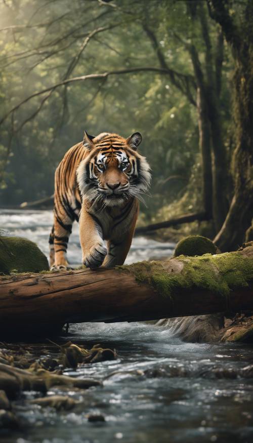 An imaged framed with a tiger sauntering on a log over a clear stream in the heart of a tranquil forest