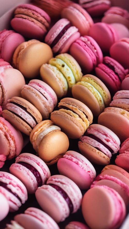 Kotak macaron berisi macaron ombre merah muda mulai dari warna merah jambu yang sangat jenuh hingga rona yang lebih terang dan lembut.