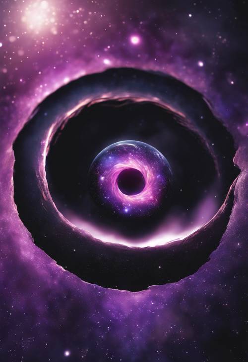 Artystyczne przedstawienie czarnej dziury ze świecącą fioletową mgławicą wokół.