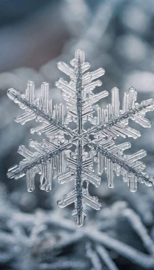 A detailed close-up of a single snowflake, showcasing its intricate structure and symmetrical pattern.