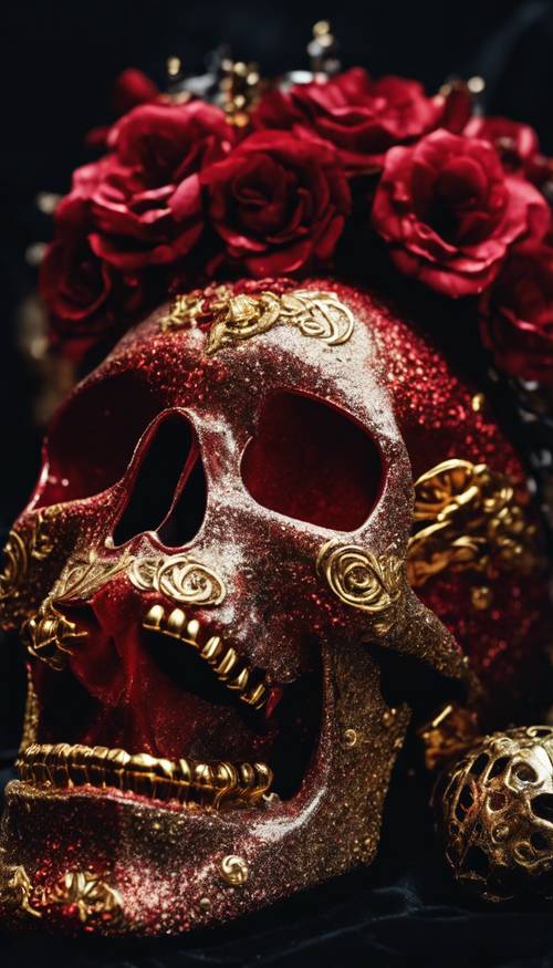 Красный блестящий череп с золотыми украшениями на черной бархатной ткани.