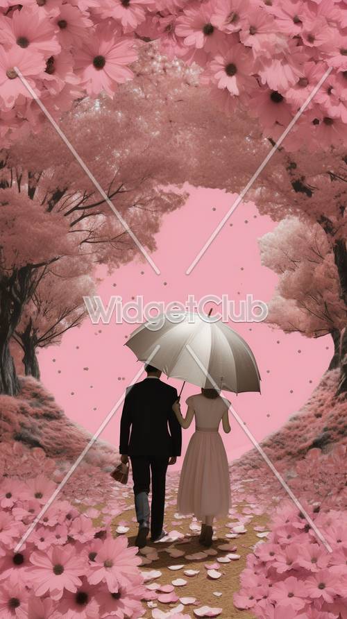 Romance em flor de cerejeira sob um guarda-chuva branco