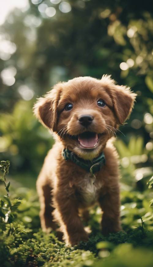 A brown puppy joyfully playing and smiling in a lush green garden in the early morning.