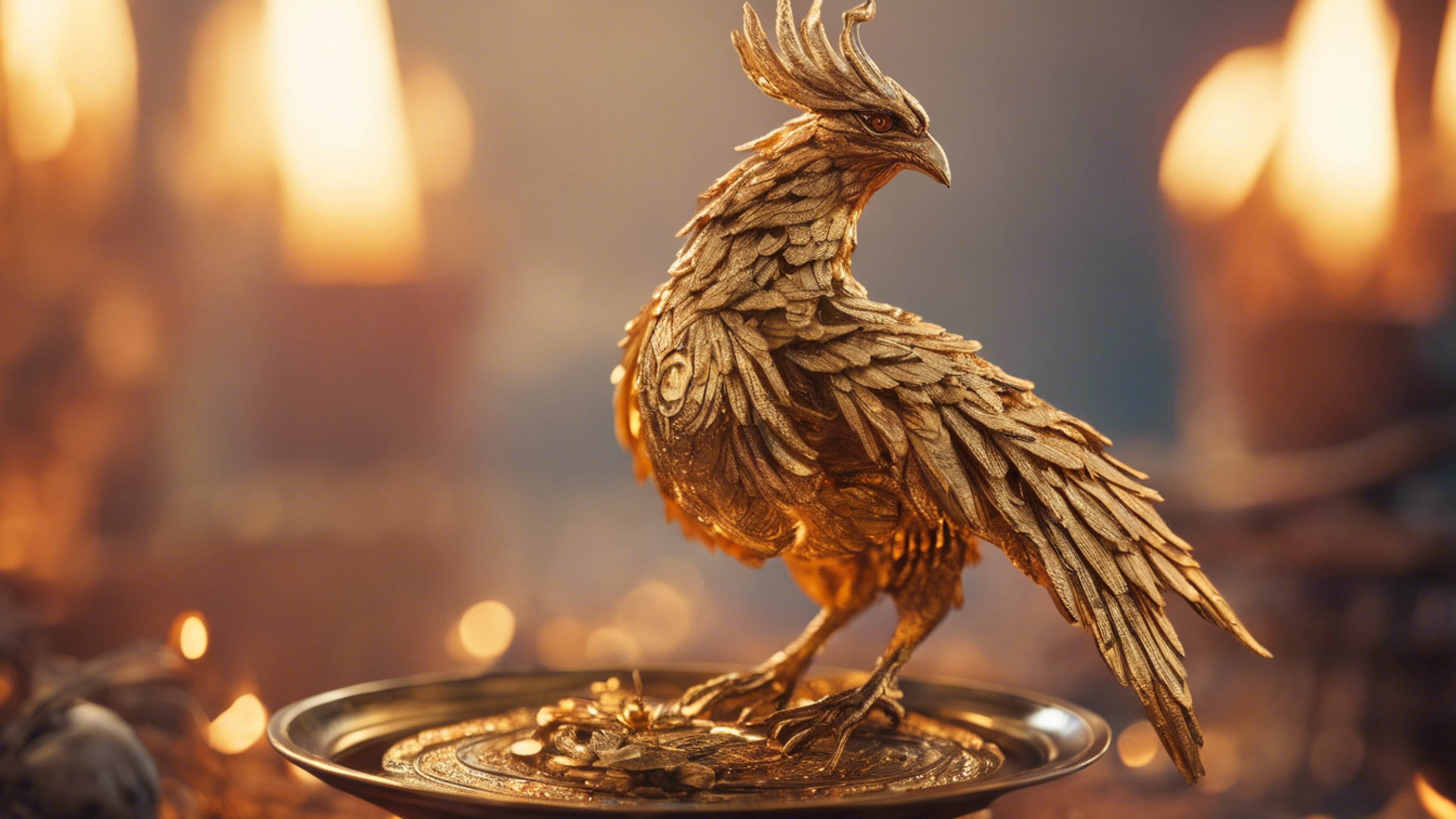 A golden miniature phoenix, eyes reflecting wisdom and compassion, nestling within Storyteller's hands as he spins tales around a fire.壁紙[cec667448c87460c8fc2]