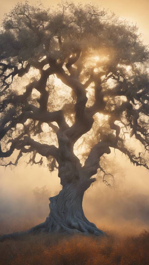 Искривленный серый дуб посреди неземного золотого тумана.