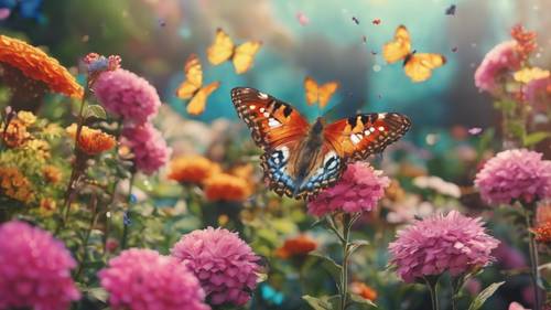 A dreamy landscape of a butterfly garden, with butterflies of various shapes, sizes, and colors flying among brightly colored flowers.