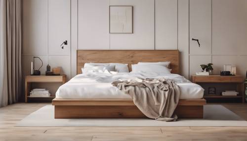 Quarto minimalista com móveis de madeira marrom claro e lençóis brancos.