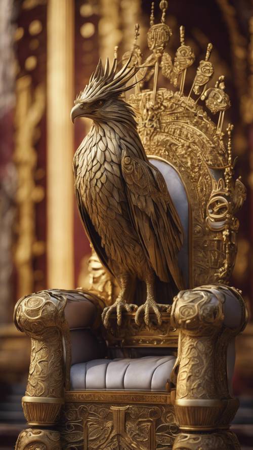 Uma fênix real envolta em trajes de gala, empoleirada no topo de um antigo trono decorado com ouro.