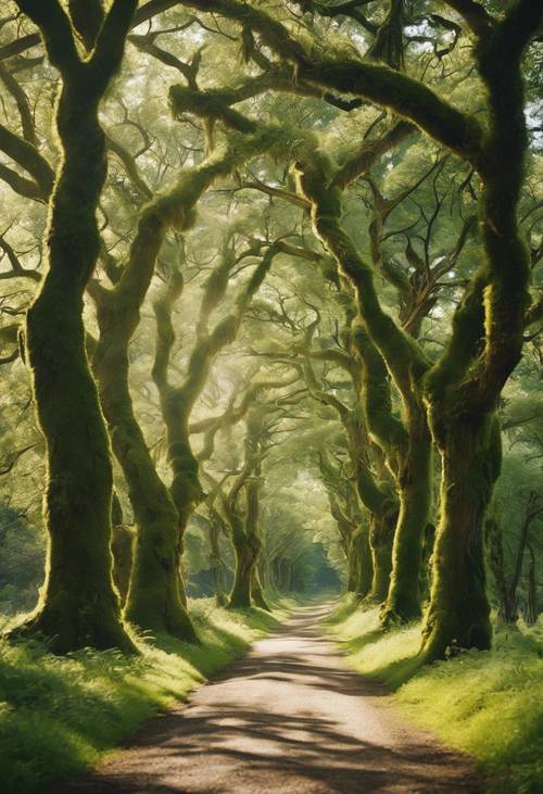 Une route de campagne pittoresque bordée d&#39;arbres gigantesques couverts de mousse formant une canopée tachetée de soleil d&#39;été.