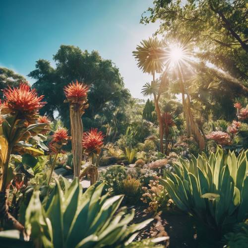 A botanical garden saturated with a variety of exotic plants and flowers under a clear blue sky.