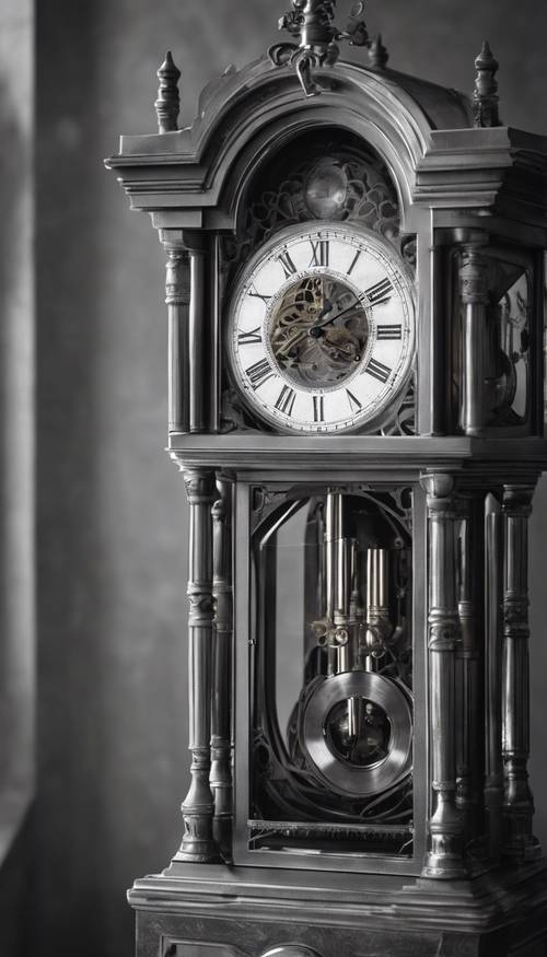 An antique grandfather clock, standing proud and tall, captured in shades of gray.