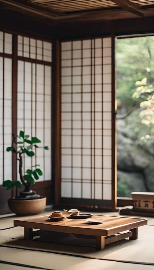 Penataan interior minimalis terinspirasi Zen dengan meja rendah, tikar tatami, dan layar shoji.