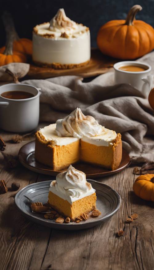 A tall pumpkin cheesecake with a graham cracker crust, topped with a dollop of whipped cream, on an antique wooden table. Tapéta [9b0888ebb11c4c30884e]