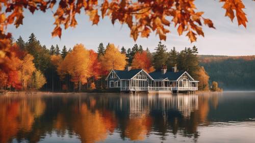 מבט בזווית רחבה של בית אגם השוכן על שפת אגם רחב ידיים ורגוע במהלך שיא הסתיו, כשהעצים בוערים בצבע.