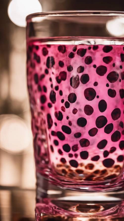 Une image dynamique d’un verre à boire, enveloppé dans un faux motif imprimé guépard avec des taches roses vibrantes.