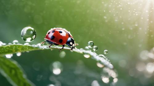 Close-up of a shiny ladybug walking over a dewy leaf, with a fresh spring scene reflected in each droplet.