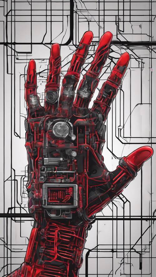 Czerwona cybernetyczna dłoń z czarnymi przewodami i zaawansowanymi technologicznie przekładniami na czarnym tle z siatką.