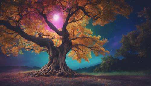 Uma árvore mágica com folhas das cores do arco-íris sob uma noite de lua cheia.