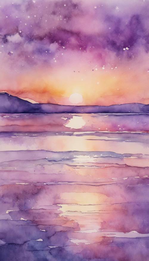 Pintura acuarela de una tranquila puesta de sol violeta sobre un mar en calma