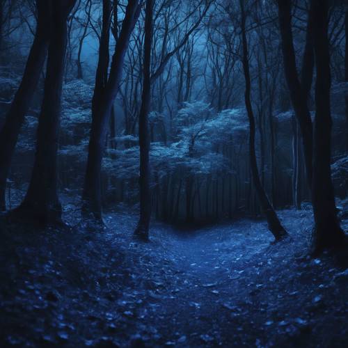 An eerie forest bathed in blue moonlight, home to lurking shadows and whispers of night.