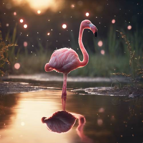 Seekor bayi flamingo yang penasaran mengamati pantulan dirinya di kolam yang tenang, dikelilingi kelap-kelip kunang-kunang di senja yang damai.