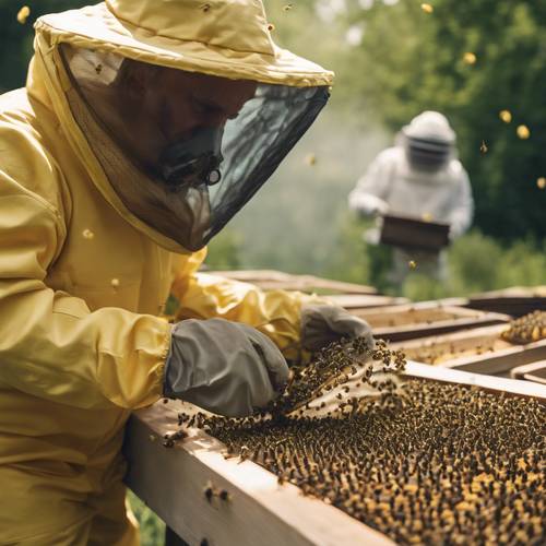 A beekeeper wearing protective gear inspecting the health of a busy bee colony