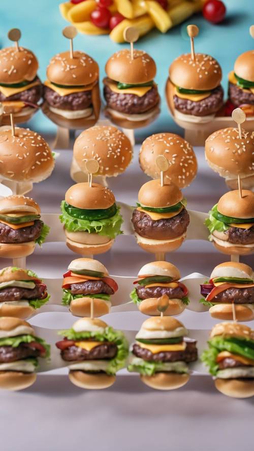 Set burger slider mini yang disajikan untuk pesta anak-anak.
