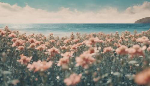 Безмятежный океанский пейзаж, смешанный с красотой наложения цветочного узора в стиле инди.