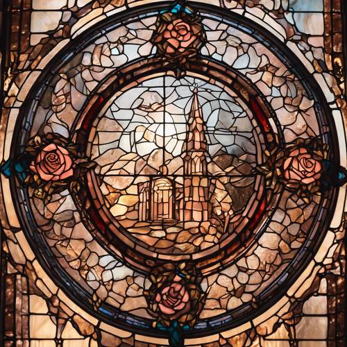 A beautiful rose gold stained glass window depicting a Christmas scene.