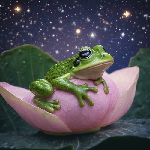 Yıldızlı bir gece gökyüzünün altında, bir lotus yaprağının üzerinde mışıl mışıl uyuyan sevimli küçük bir kurbağa.