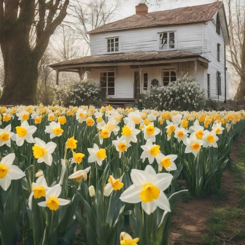 A rustic white farmhouse with a lush garden of blooming daffodils and tulips bathed in the soft light of a spring afternoon.