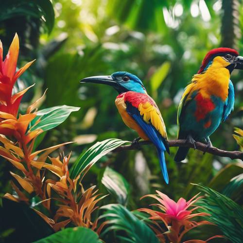 Ein lebendiger, üppiger tropischer Dschungel mit bunten Vogelarten, die zwischen den Blättern tanzen.