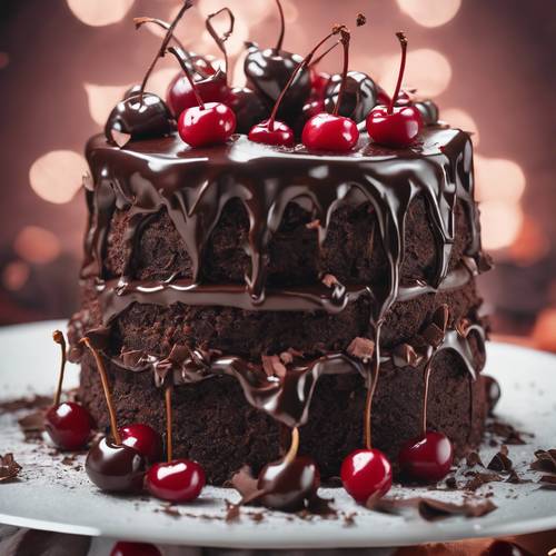 Um bolo decadente da floresta negra decorado com suculentas cerejas e raspas de chocolate amargo.