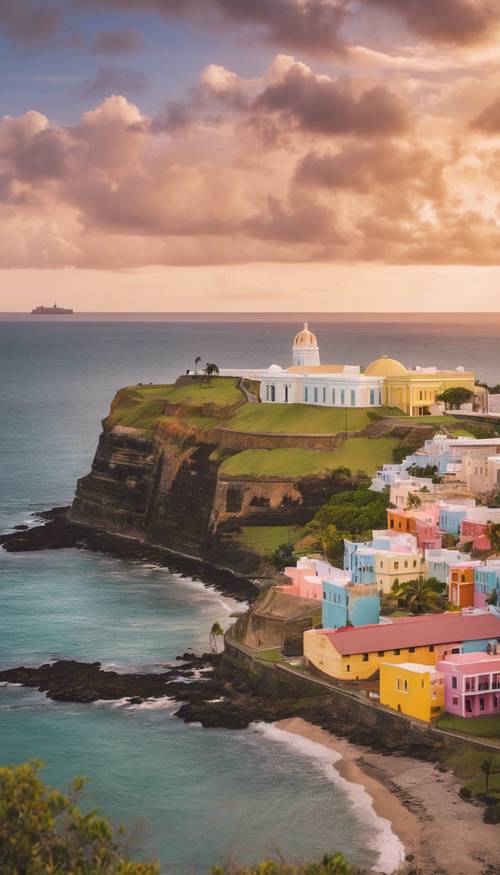 A sunset view of El Morro Castle in Old San Juan, Puerto Rico with colorful houses in the foreground