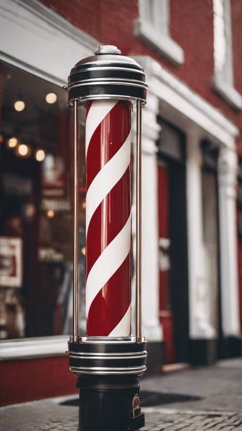 Un clásico poste de barbero a rayas rojas y blancas que gira fuera de una barbería.