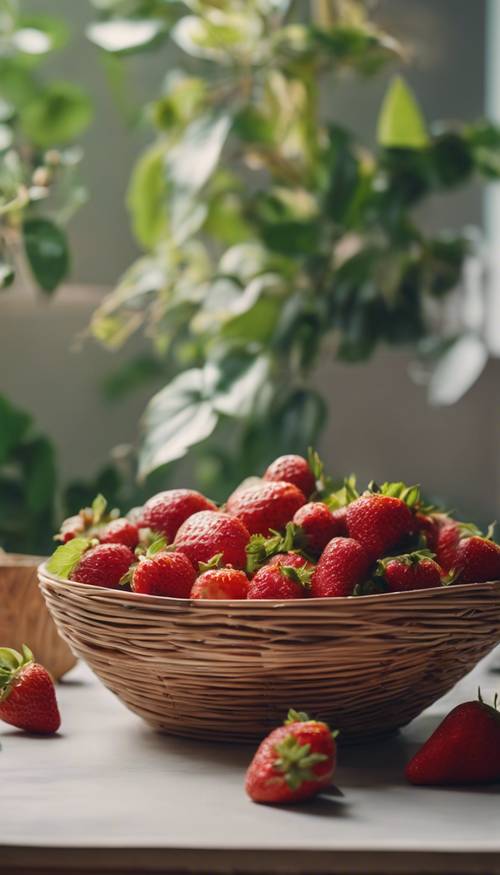 A mid-century rattan fruit bowl filled with red, fresh, juicy strawberries