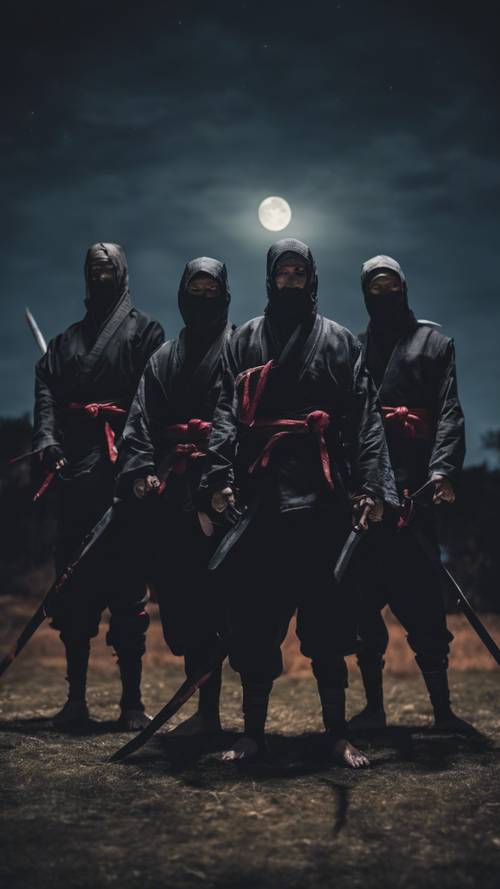 A group of ninjas training under a full moon.