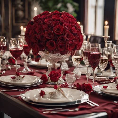 Uma mesa de jantar romântica decorada com uma elaborada peça central de rosas vermelho-vinho.
