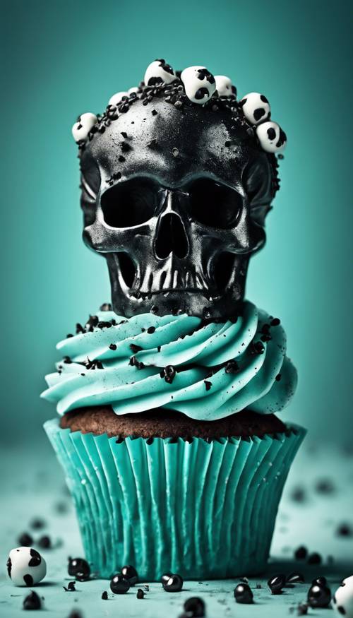 A gothic style turquoise cupcake with black cream, sprinkled with tiny silver skulls.