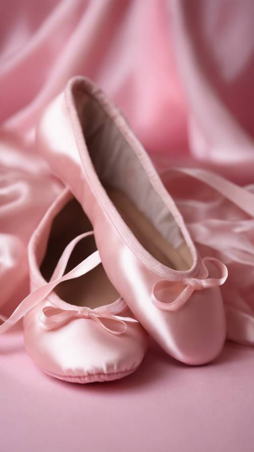 Sepasang sandal balet berwarna merah muda merona, diletakkan dengan latar belakang sutra merah muda.