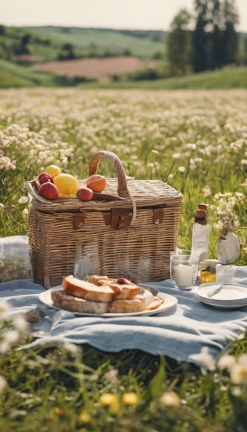 A beautifully crafted picnic set-up in a blooming field, illustrating a tranquil spring day in a minimalistic style.