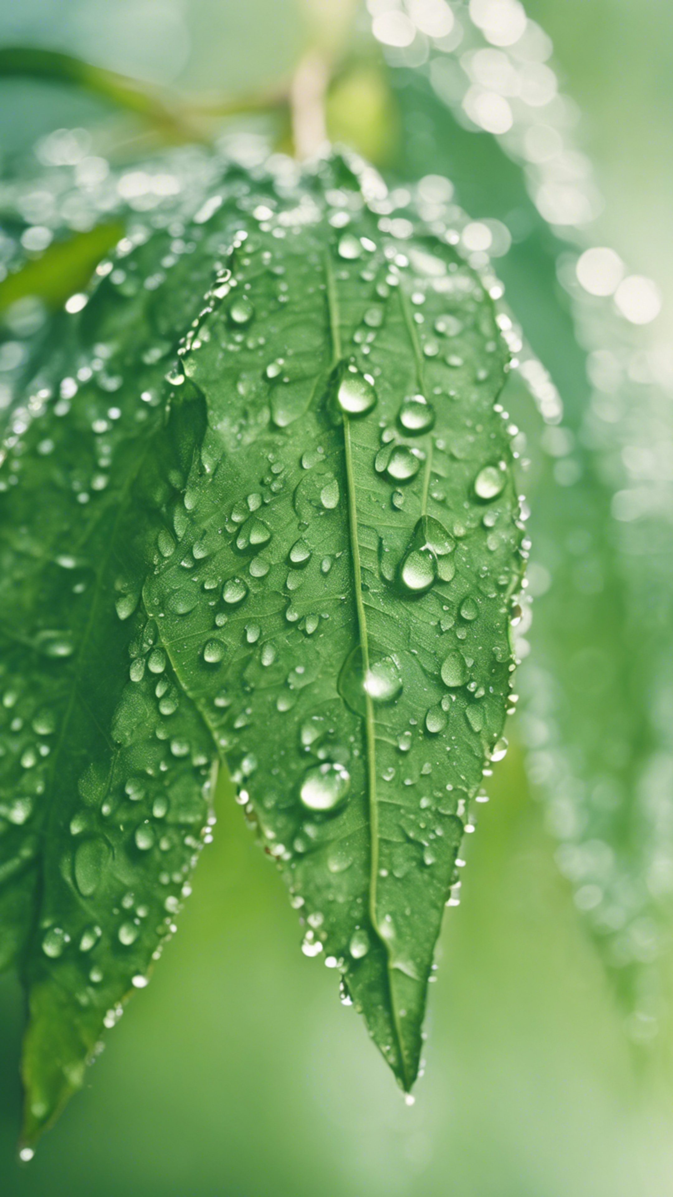 Close-up shot of a light green leaf with dew drops. Wallpaper[662a1d6239064ba7b93a]