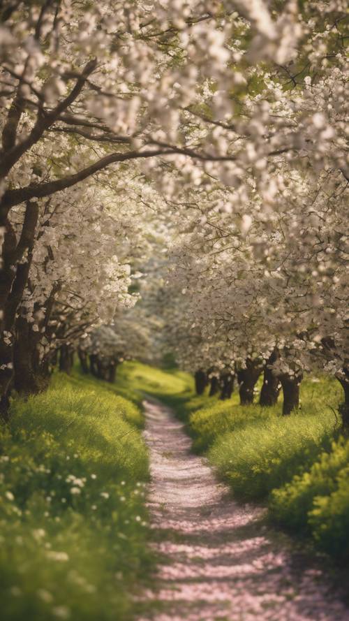 Trawiasta ścieżka wijąca się przez las kwitnących dereni.