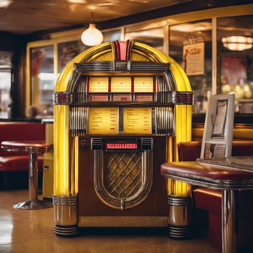 Một máy hát tự động cổ điển màu vàng sáng bóng trong khung cảnh quán ăn cổ điển.