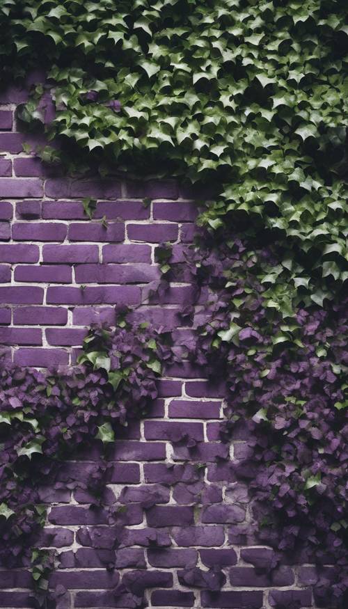 An ancient, crumbled wall of purple bricks engulfed by creeping ivy. Tapeta [ae37dd5ffbdb46caa197]