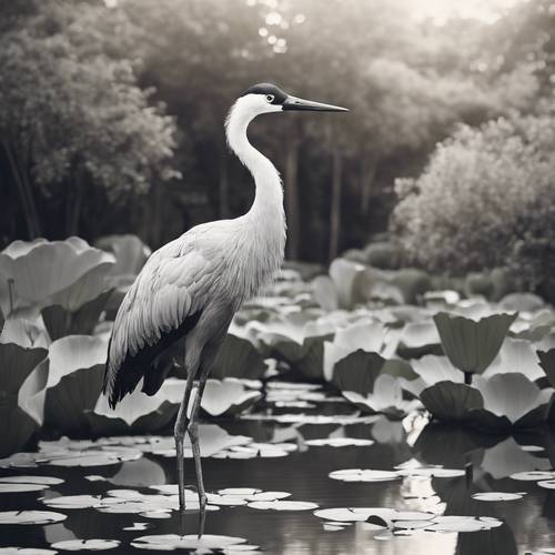Sebuah ilustrasi gaya vintage dari burung bangau hitam dan putih berdiri di kolam teratai.