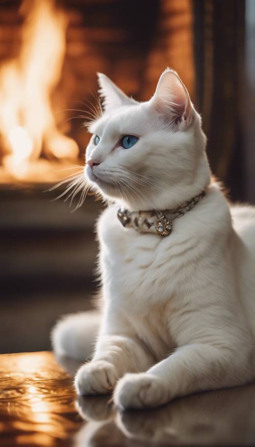 An elegant white cat reclining next to a roaring fireplace and antique furnishings.