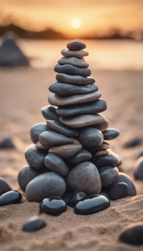 Uma pilha de pedras cinzentas escuras empilhadas em forma de pirâmide numa praia arenosa ao pôr do sol.