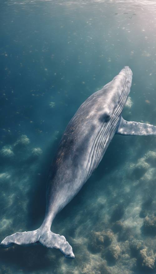 Seekor paus biru sendirian berenang di laut dalam berwarna biru langit pada siang hari.
